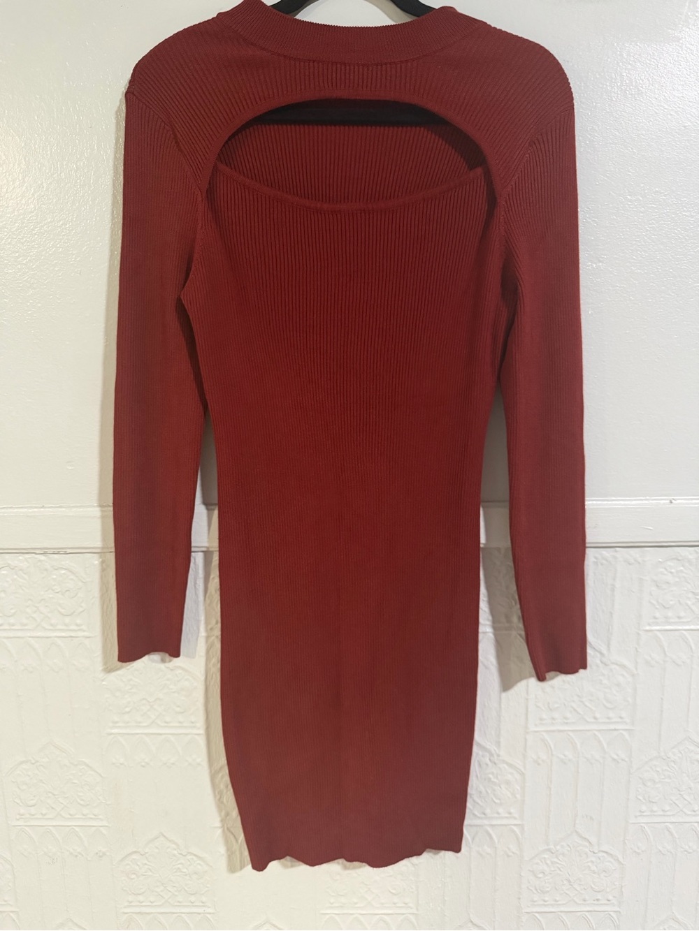 No Boundaries Ribbed Long Sleeve Cutout Dress - Rust Red